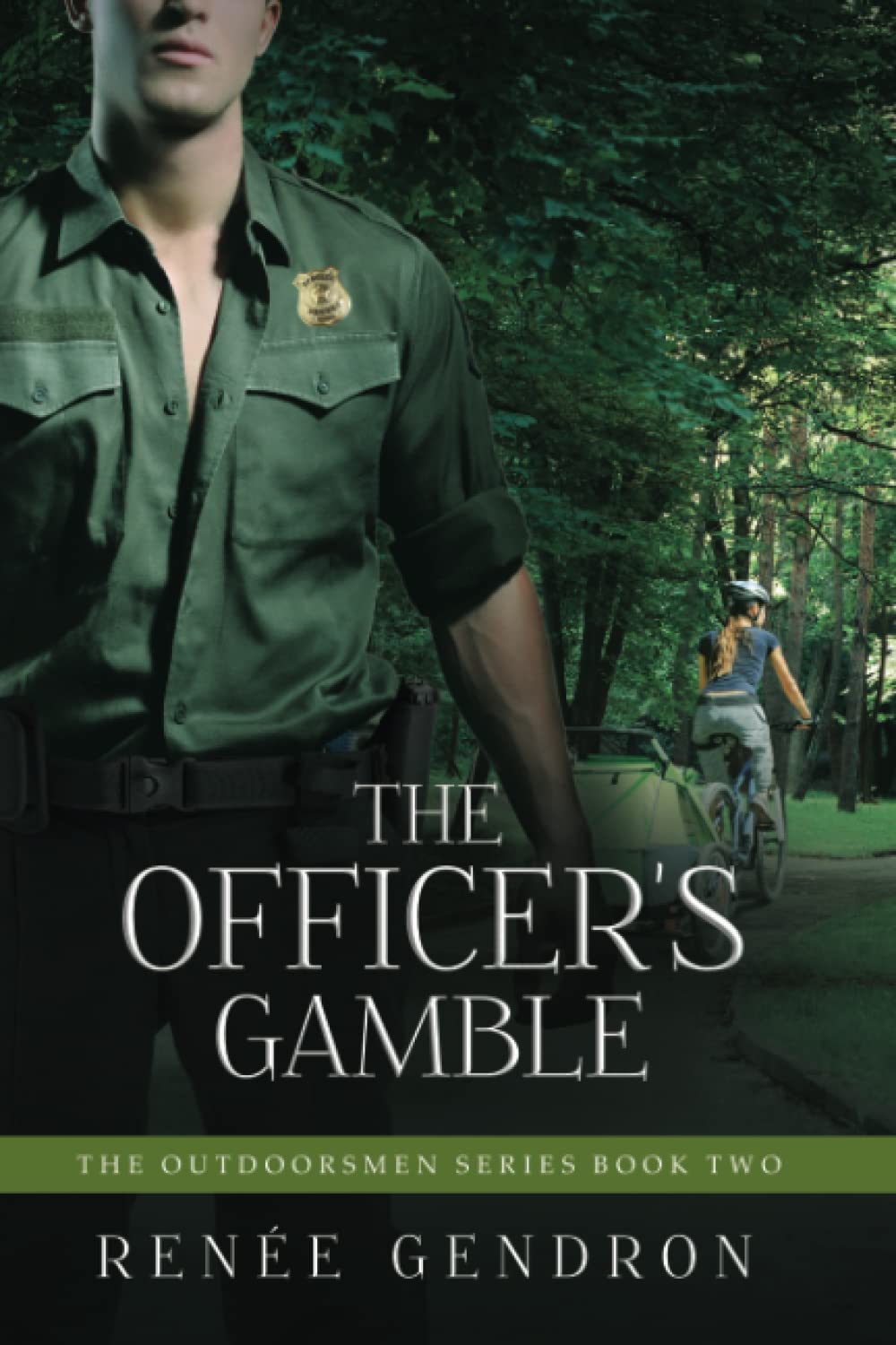 Conversation officer standing in front of a woman on a bicycle; The Officer's Gamble by Renée Gendron, released October 5, 2022