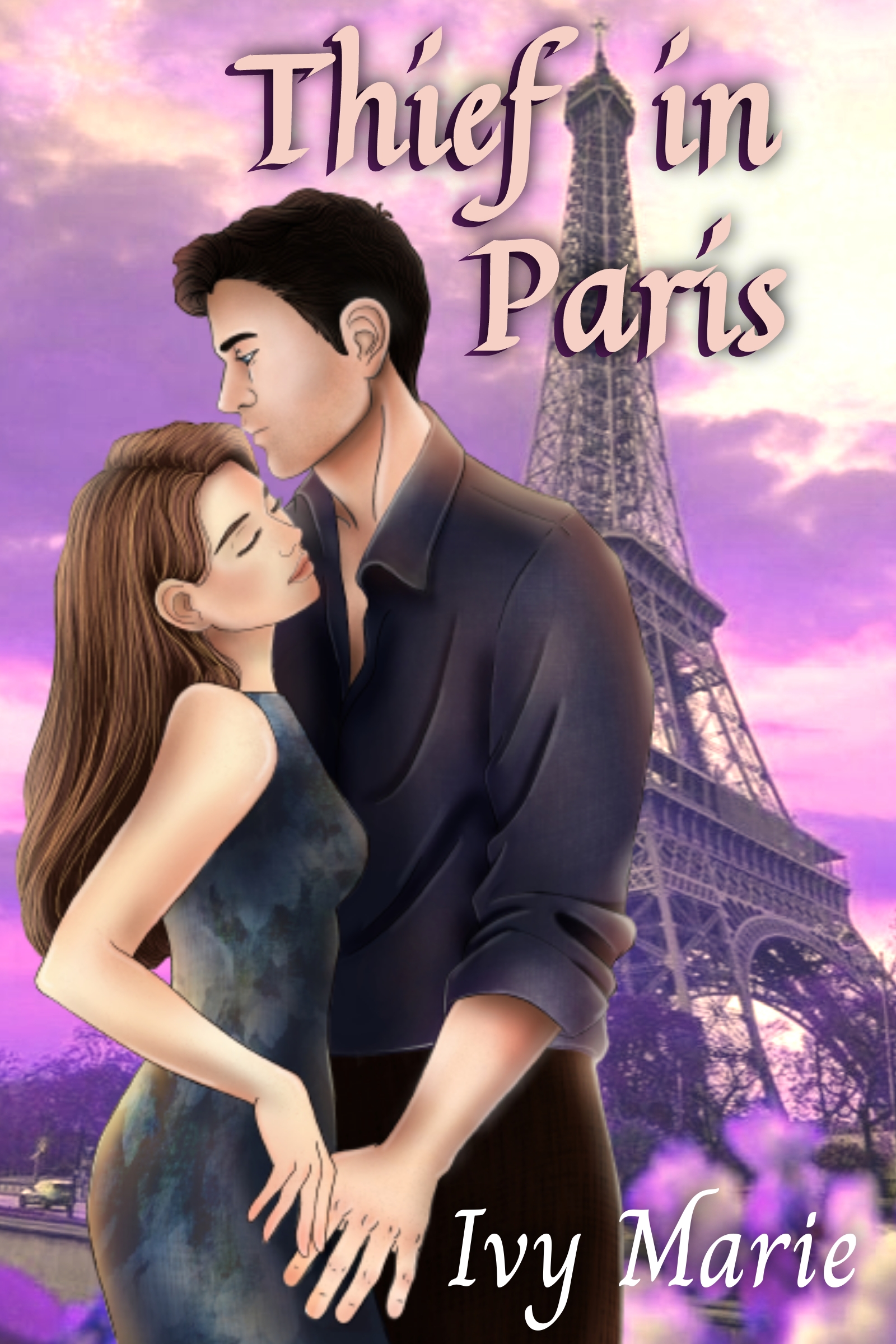 Male holding a woman's hand, leaning into each other, Eiffel tower in the background