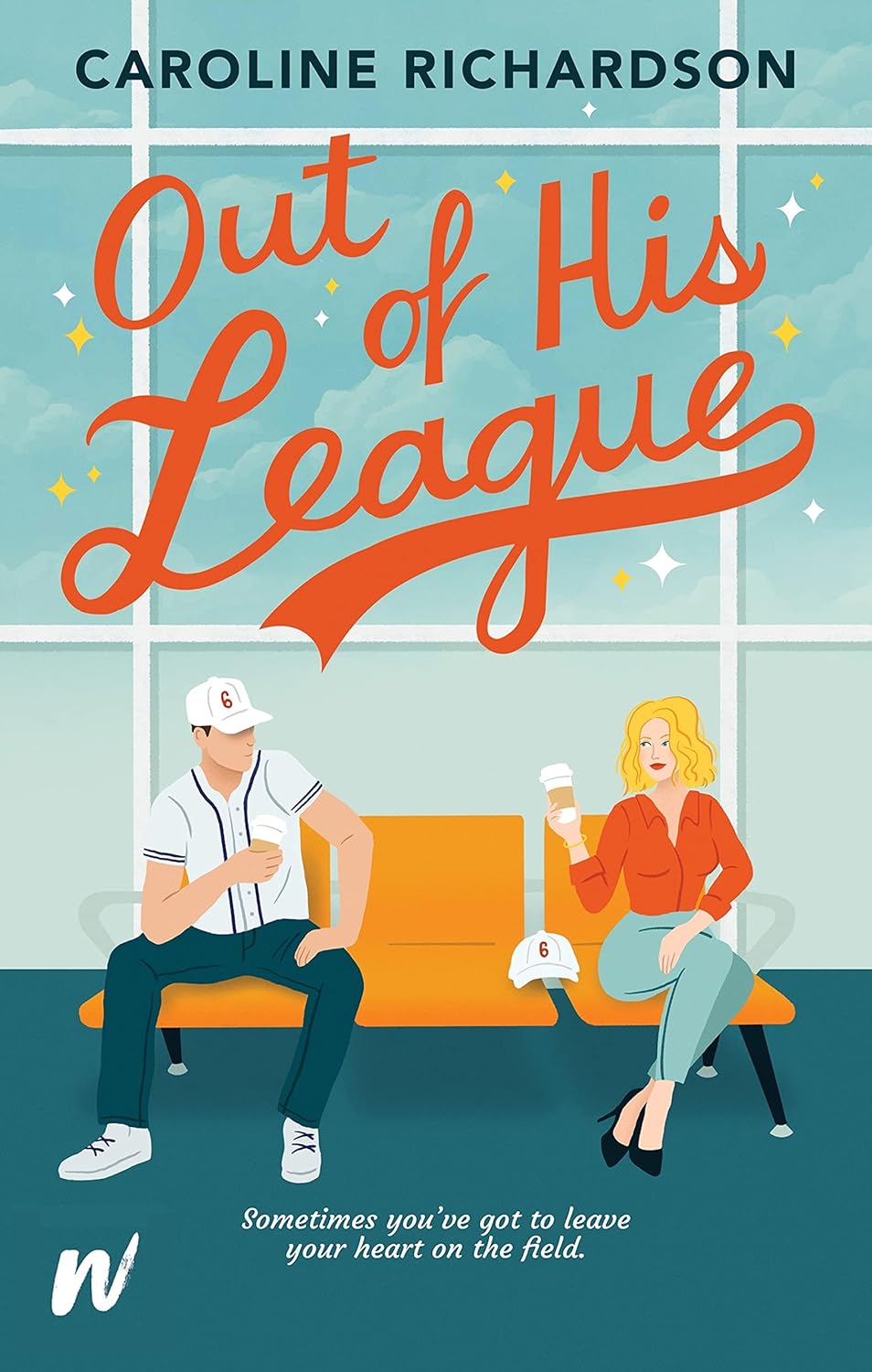 Cover for Out of His League - man and woman sitting in an airport terminal, drinking coffee