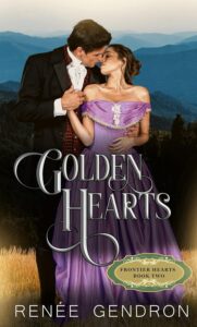 Man standing behind woman in 1880 purple dress; Golden Hearts is Book 2 of the Frontier Hearts series by Renée Gendron; 3/28/2023