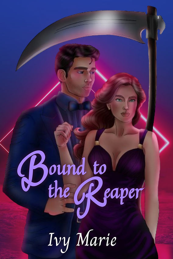 Man and woman standing together with a scythe in the background, cover art for Bound to the Reaper by Ivy Marie